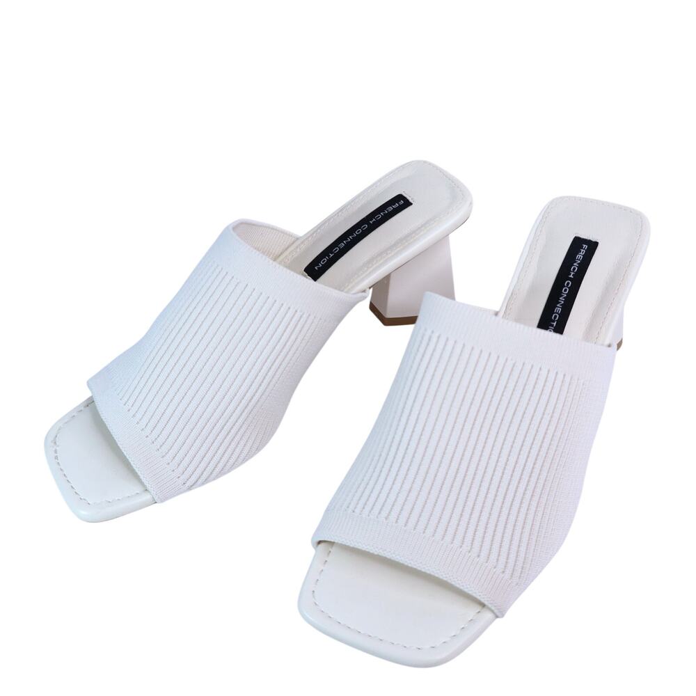 FRENCH CONNECTION Ribbed Knit Mule Sandals Bone White Block Heel Women's 6